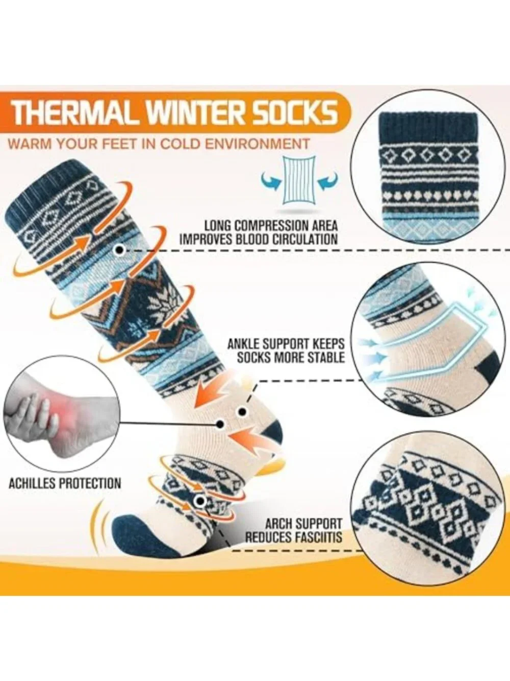 3 Pairs Thermal Merino Wool Knee High Ski Socks for Winter Sports - Warm & Thick